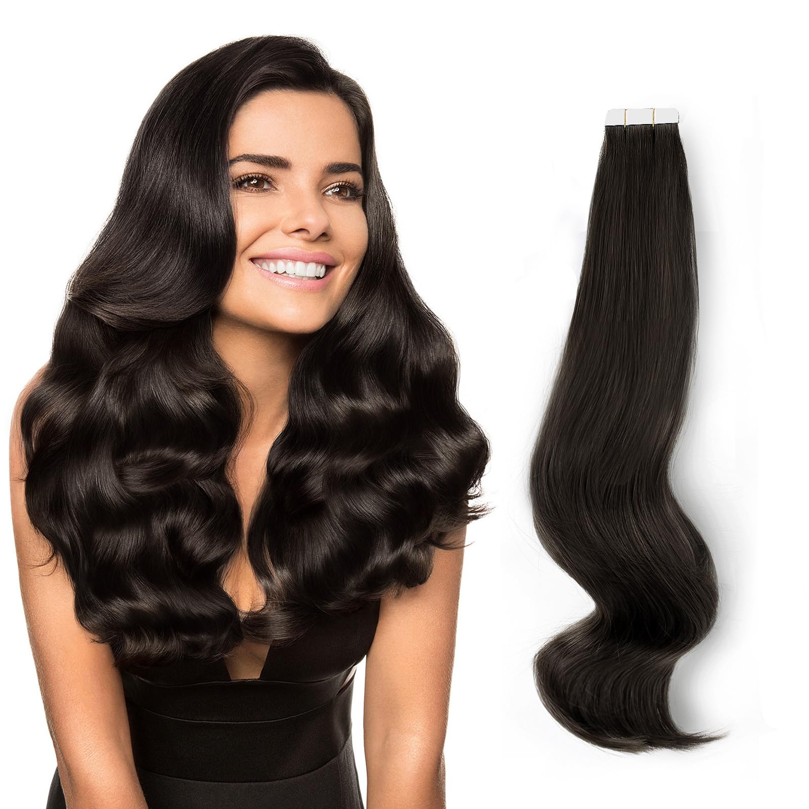 ABH AmazingBeauty Hair Hair Semi-permanent Tape Attached Real Remi/Remy Human Tape in Hair Extension 50g/20pcs Invisible Seamless Reusable Skin Weft Off Black Color 1B 14 Inch — image 1