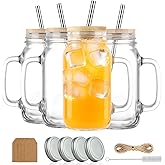 LOSANJI 24 oz Mason Jar Cups with Handles, Wide Mouth Iced Coffee Cup with Bamboo Lids & Straws, Large Glass Bottle Mug Drinking Jars Tumbler for Smoothie Cold Water Juice Party Beverages, Set of 4