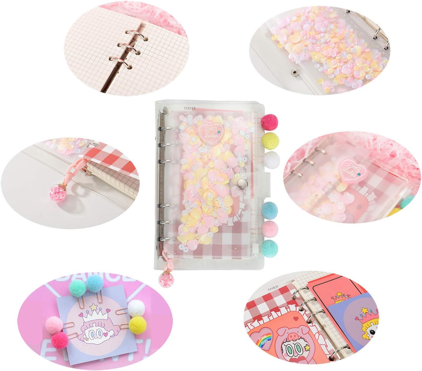 Amazon Guan システム手帳 A6 ジブン手帳 6穴 リング 5mm 方眼ノート 8mm 横罫 リフィル 各45枚 Pvc製 ソフト 透明 カバー ルーズリーフ バインダー かわいい メモ帳 おしゃれ 人気 プレゼント ハート クリア システム手帳 文房具 オフィス用品