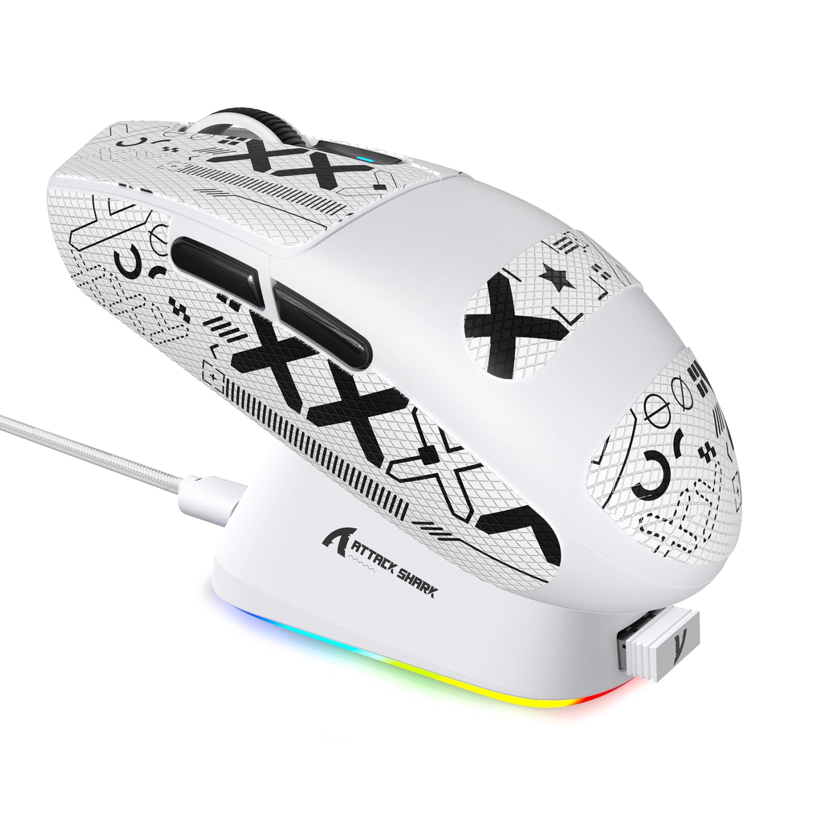 ATTACK SHARK G3PRO Wireless Gaming Mouse with RGB Charging Dock,2.4G/USB-C Wired/BT PAW3311 Optical Sensor 1K Polling Rate Adjustable 25K DPI,500mAh Battery Ultra Lightweight 59g Mice (White&Griptape)