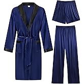 SWOMOG Men's 3 Pcs Robe Silk Satin Kimono Bathrobe with Shorts&Pants Set Lightweight Soft Sleepwear