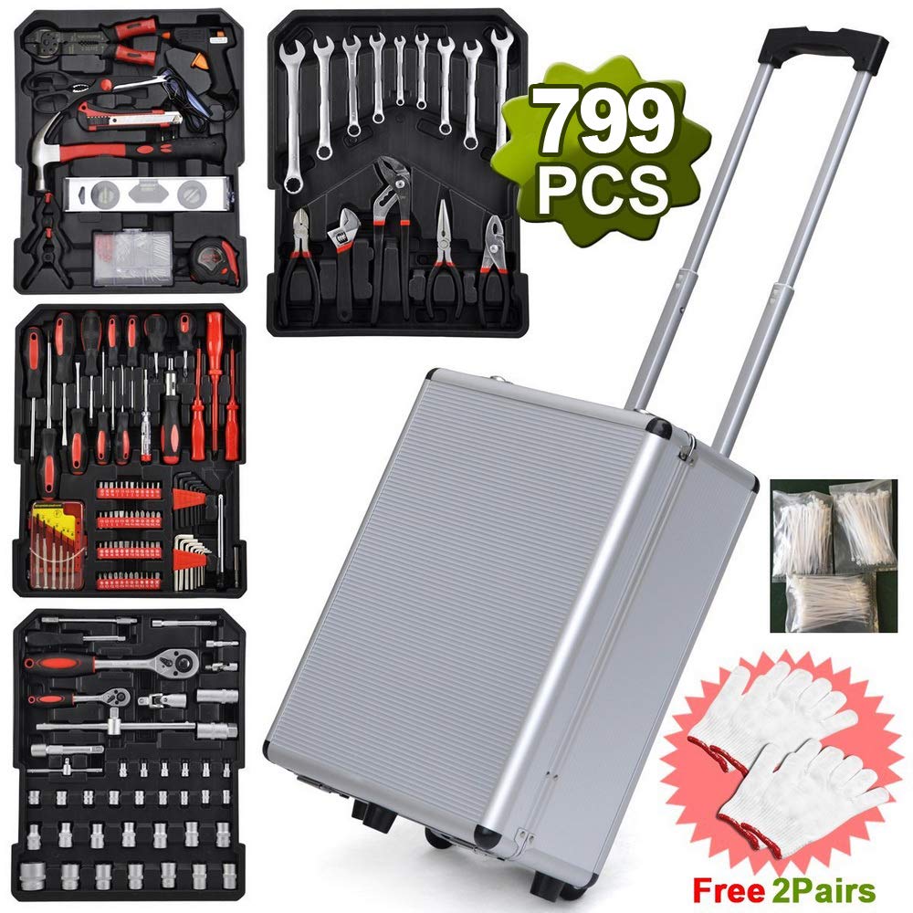 Home Tool Set 799 Piece of Heavy Duty Hand Tools - Claw Hammer, Adjustable Wrench, Precision Screwdrivers, Screw Bits, Long Nose Pliers, Side Cutters, Torpedo Level, Bit Driver & Tool Box Kit
