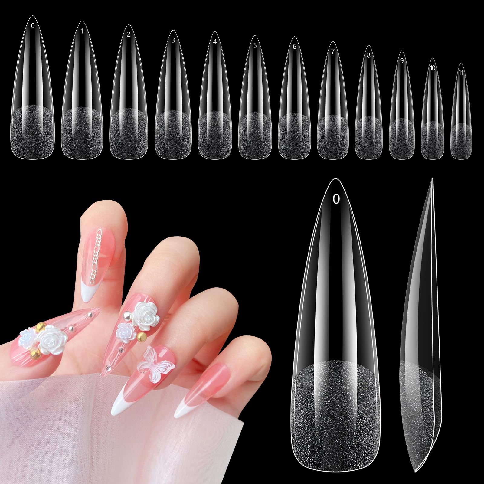 Soft Gel Acrylic Nail Tips: 240 Pcs Full Cover Stiletto Nails - False Straight Nail Tips for Gel Extensions for Nail Art - 12 Sizes