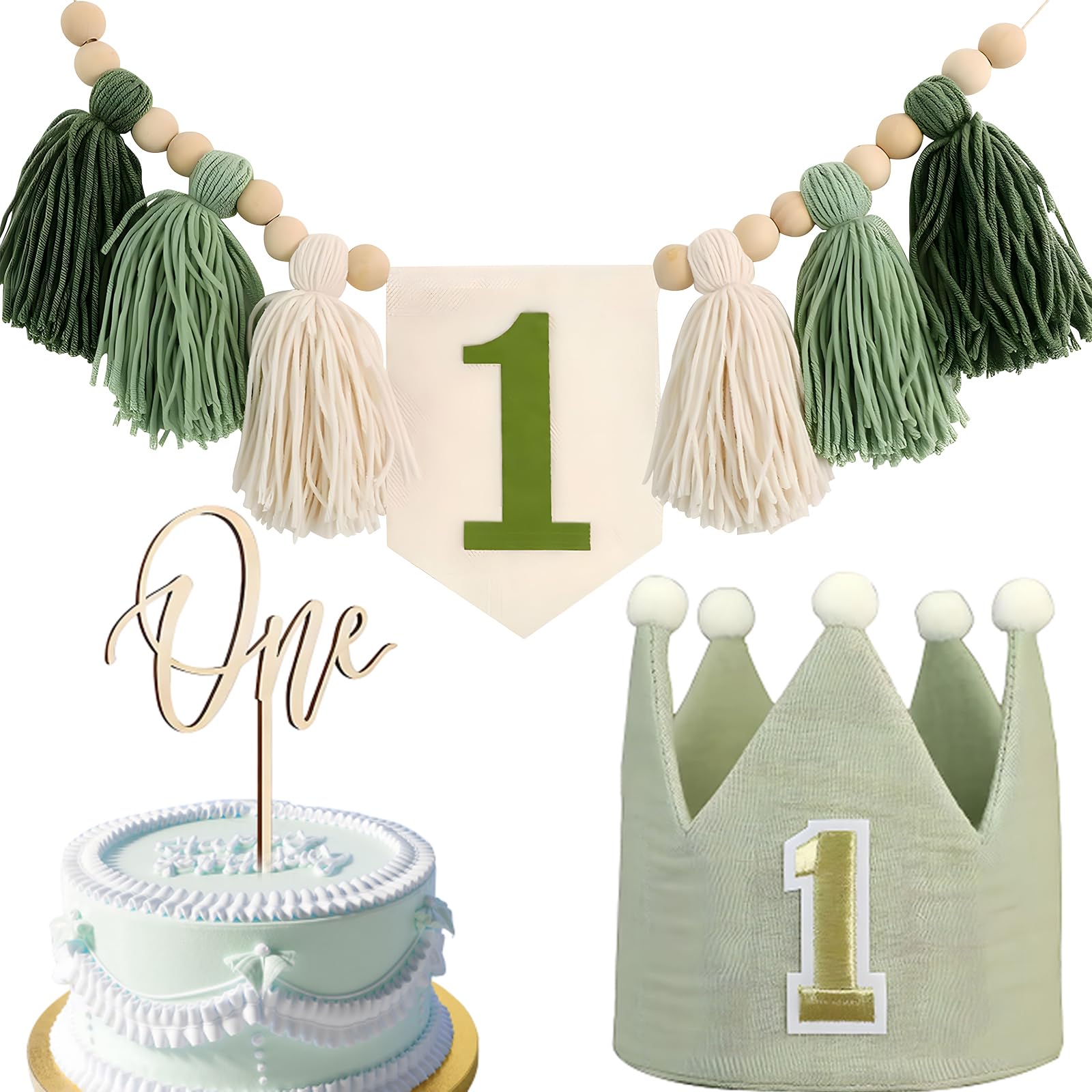 Happy Birthday High Chair Banner Decoration for Boys Girls Green 1st Birthday Highchair Banner First with 1st Birthdays Hat and One Birthdays Cake Topper for Girls Boys 1 Years Old (Size 4) — image 1