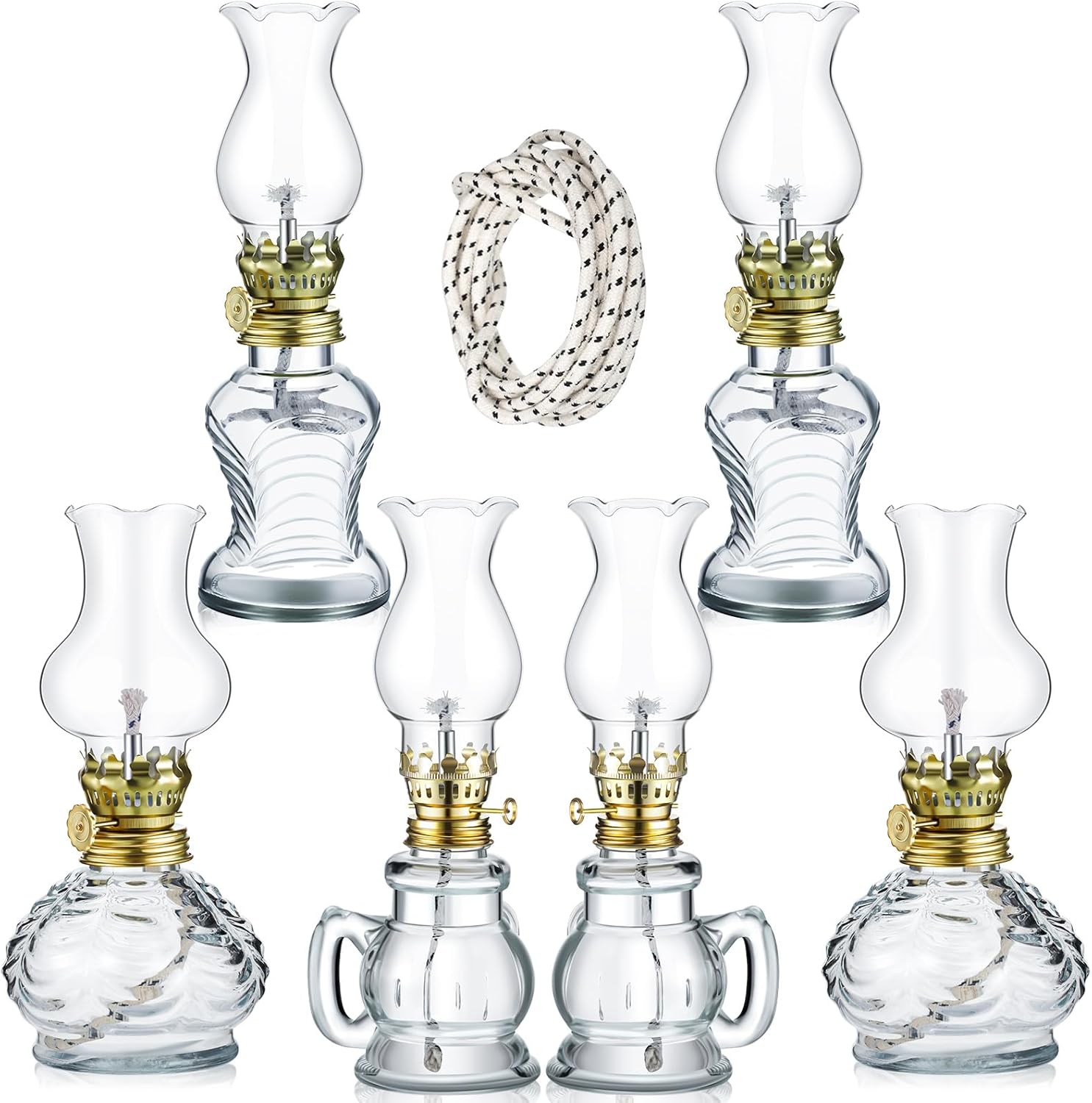 Oil Lamps & Accessories - Vintage Glass Kerosene Lamp Rustic Oil Lamp Lantern Chamber Oil Lamps Clear Kerosene Lamp Hurricane Lamp with 6.6 ft Extra Wick for Indoor Use Lighting Home Decor Emergency (6 Pcs,Simple)