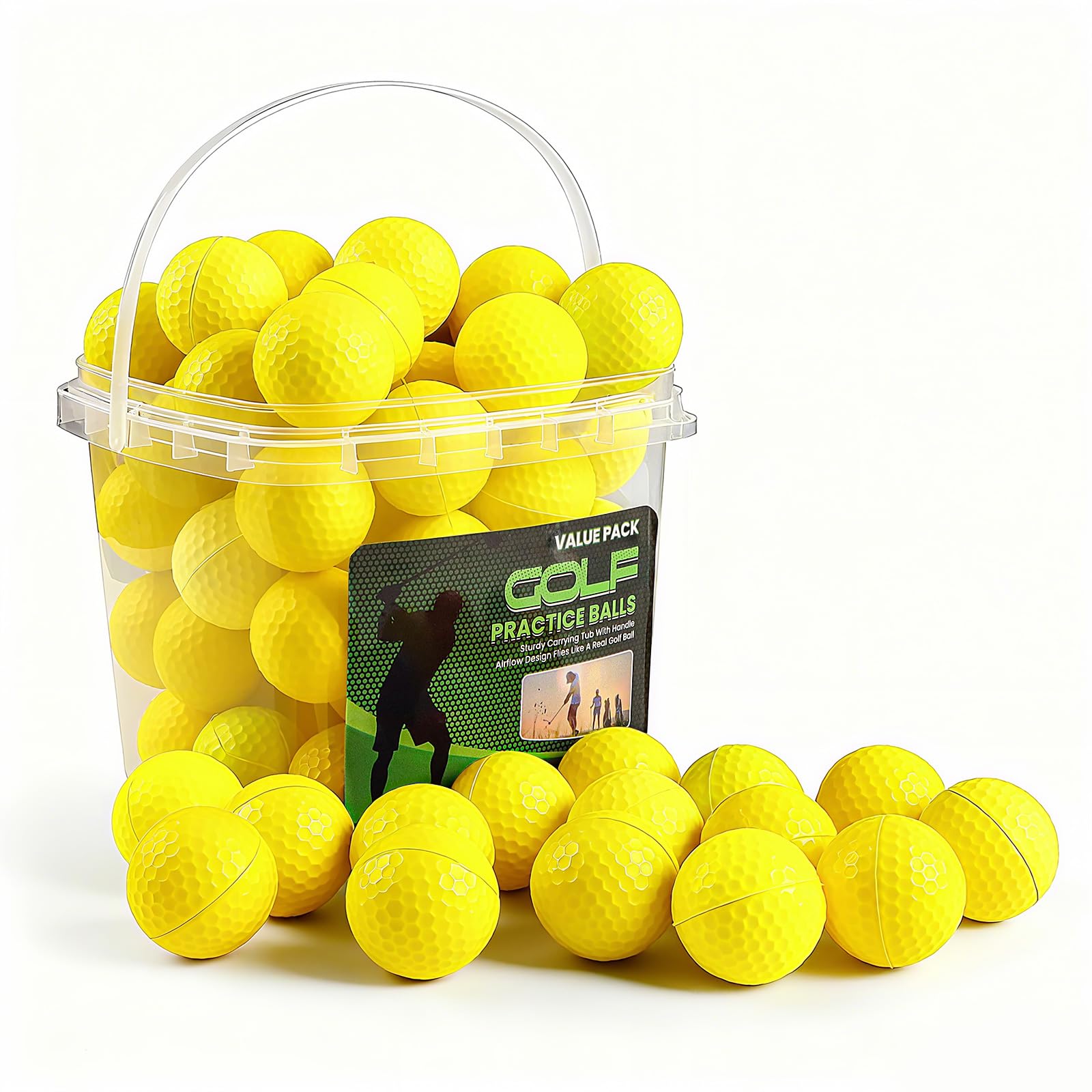 FINGER TEN Golf Practice Balls Foam Colored Value 50 Pack with Bucket, Golf Ball Lightweight Limited Flight for Men Women Driving Range Backyard Training (Yellow)