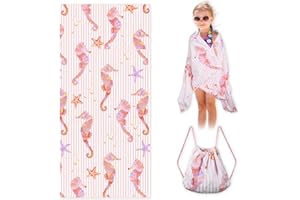 Airensky Beach Towels for Kids, 58" x 28" Portable Quick Dry Beach Towel, Super Soft and Absorbent Child Towel, Cute Camping Pool Towel for Girls(Pink Seahorse)