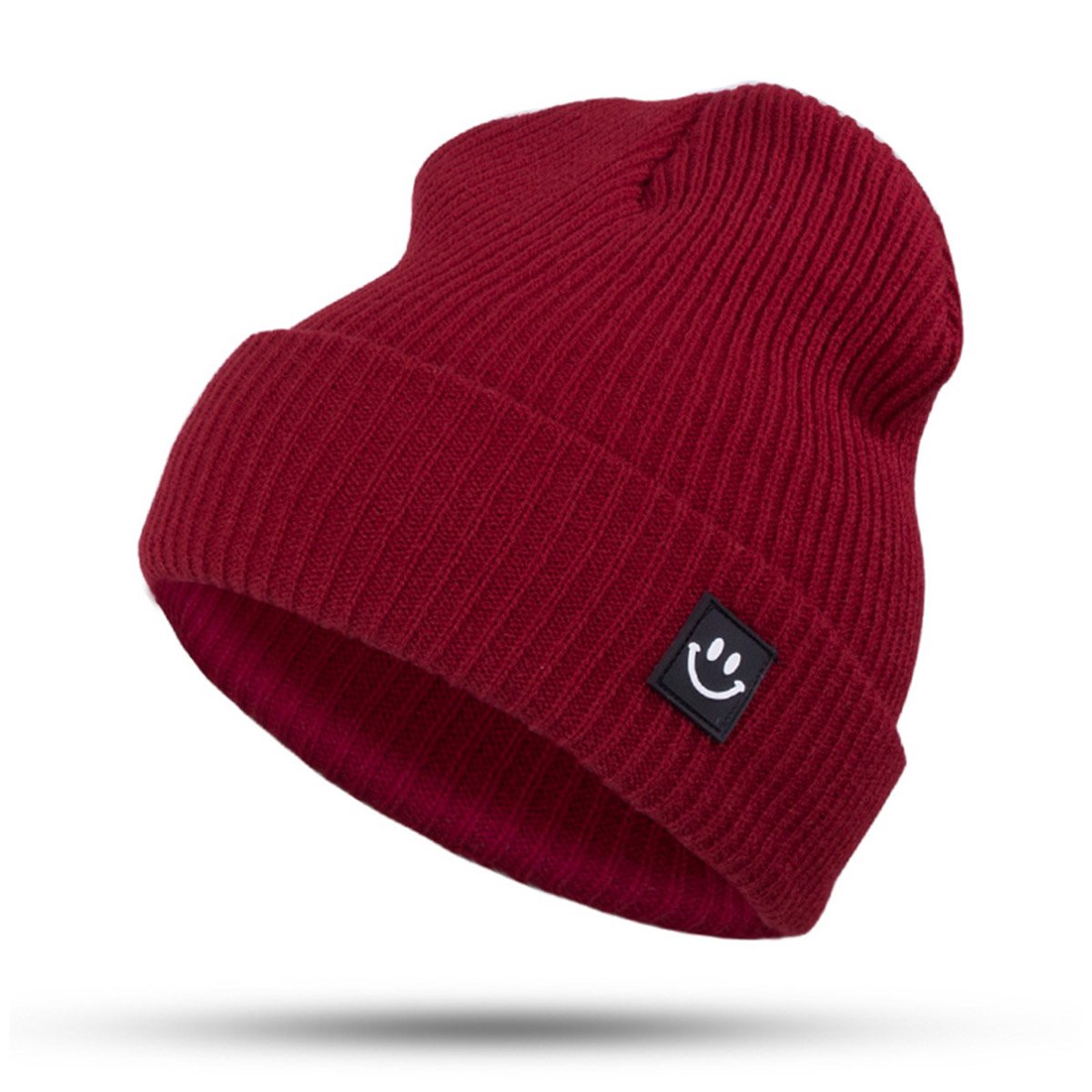 EVRFELAN Women Winter Hat Cuffed Plain Knit Beanie Cap Casual Knitted Warm Skullcap with Smile Face (Dark red)
