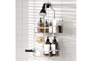 THKVESN Hanging Shower Caddy Over Head,Upgraded 2 Tier Rustproof Shower Organizer for Tall Showerhead,No Drill Bath Caddy Han