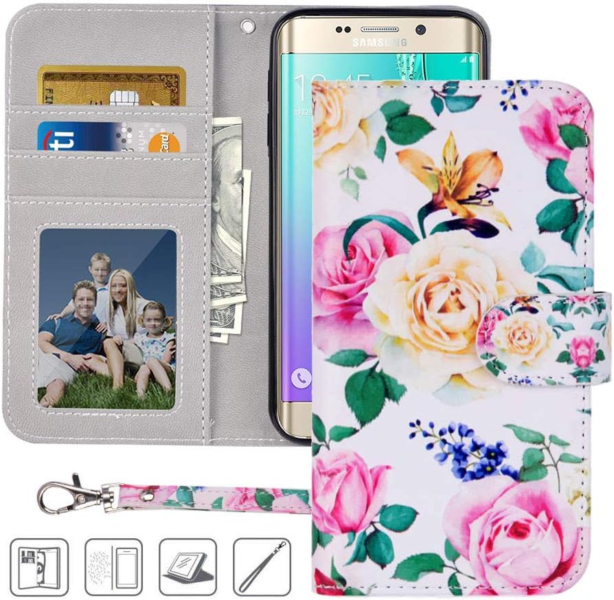 S6 Wallet Case, Galaxy S6 Case, MagicSky Premium PU Leather Flip Folio Case Cover with Wrist Strap,Card Slots, Cash Pocket, Kickstand for Samsung Galaxy S6 (Flower)