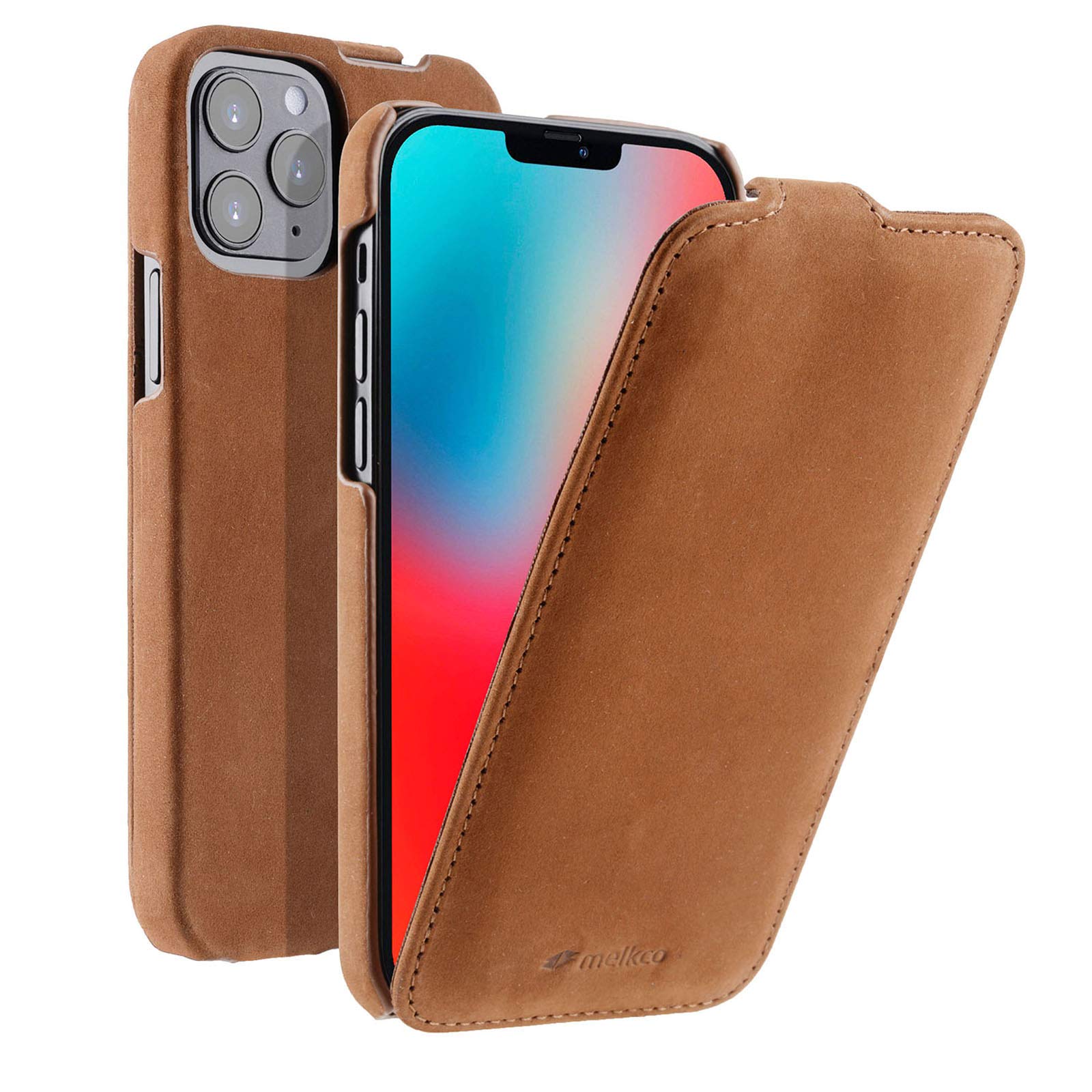 MELCKO Case Suitable for Apple iPhone 12 and iPhone 12 PRO (6.1 Inch), Mobile Phone Case with Genuine Leather, Flip Case, Protective Case, Foldable, Thin Mobile Phone Pocket, Slim Cover, Vintage Brown