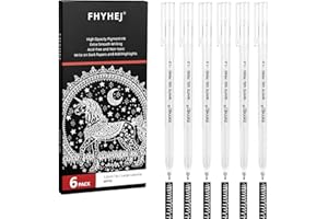 Fhyhej White Gel Pens,1mm, Fine Point Opaque White Archival Ink Pen for Black Paper Drawing, Sketching, Illustration, Bullet Journaling, Pack of 6
