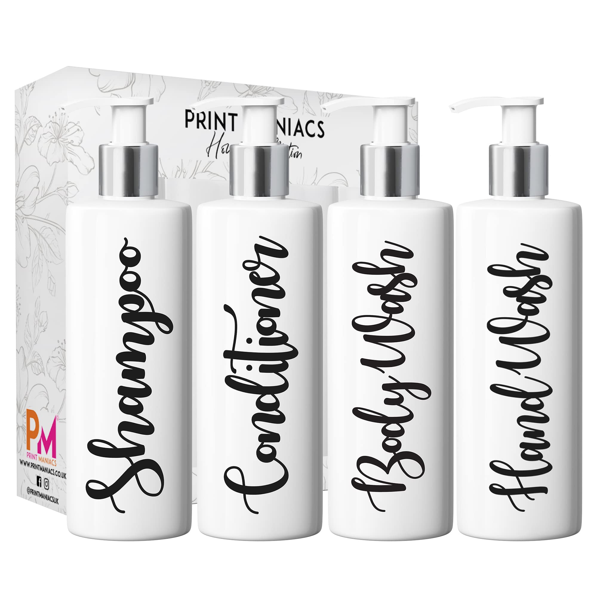 Print Maniacs White Mrs Hinch Inspired Personalised 500ml Pump Bottles Bathroom Lotion Kitchen Set Shampoo Conditioner ( Hand Wash Set ) (Black)