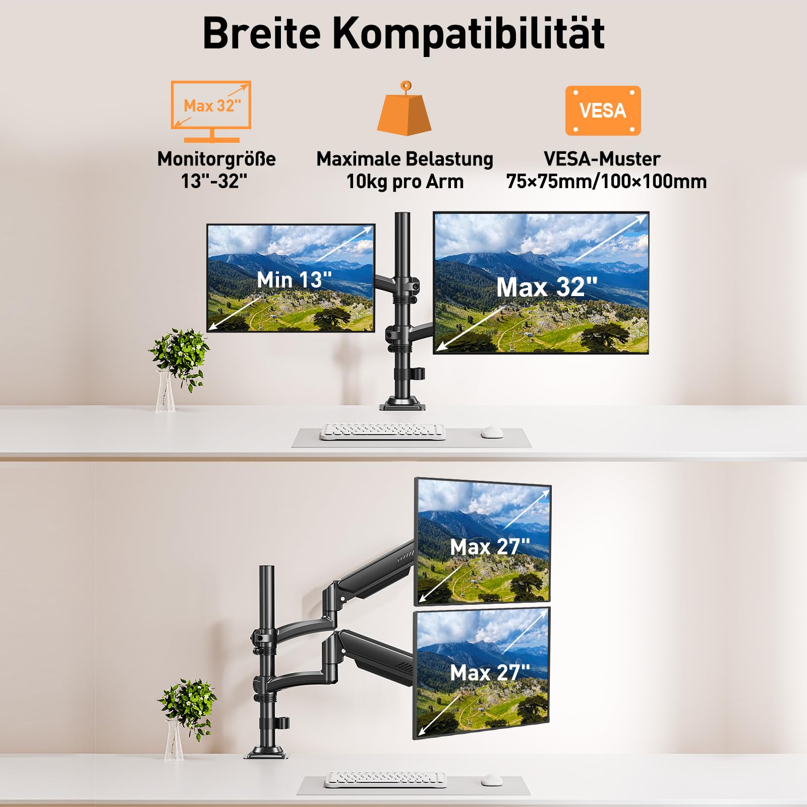 ELIVED Monitor Halterung 2 Monitore für 13-32" Bildschirme, Monitor Arm hält 2-10 kg Monitor mit VESA 75/100mm, Höhenverstellbare Dual Monitorarm mit Neigbar, Schwenkbar, Drehbar, EV6034B 2