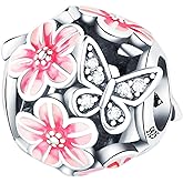 NUJIFFY 925 Sterling Silver Beads for Bracelets Necklaces, Rose Gold Pink Blossom Cherry Rose Flower Butterfly Star Heart Angel Charms Pendant, Vintage Jewelry Birthday Gift for Women Men Sister Lover