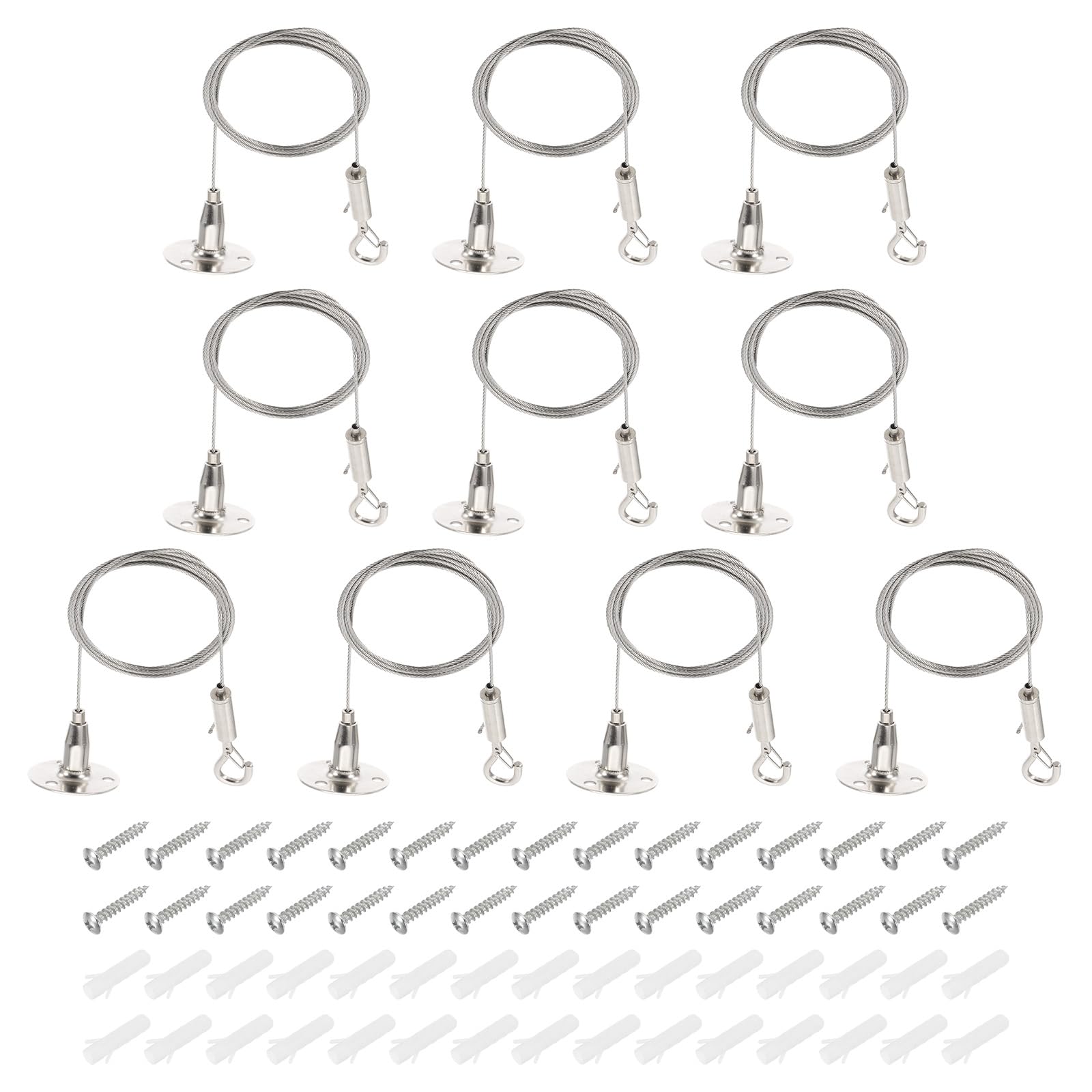 PATIKIL 10 Pcs Adjustable Picture Hanging Wire Kit, 2m/6.6ft Fit for 1.5mm Wire Heavy Duty Stainless Steel Wire Rope Hanger Hardware with Hanging Disc for Hanging Mirrors, Frames