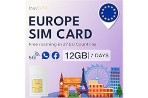travSIM SIM Card Europe | 12GB Data at 4G/5G speeds | Data Only SIM | Use SIM for Europe Travel in 27 Countries in The EU | Plan on SIM Card for Europe Valid for 7 Days