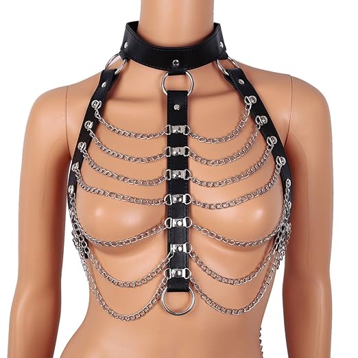 iEFiEL Damen Dessous Sexy Unisex Body Leder Harness Geschirr Halsband mit Kette Gothic Punk Kostüm Fetisch Brust Harness