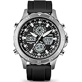 PINDOWS Watch for Men, Waterproof Big Dial Analog Digital Sport Multifunction LED Backlight Fashion Wristwatches, Alarm Stopwatch Calendar