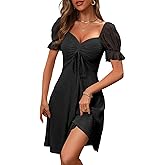 Wenrine Womens Summer Short Puff Sleeve Mini Dresses Drawstring Sweetheart Neck Casual Slim Flowy Dress Sundress