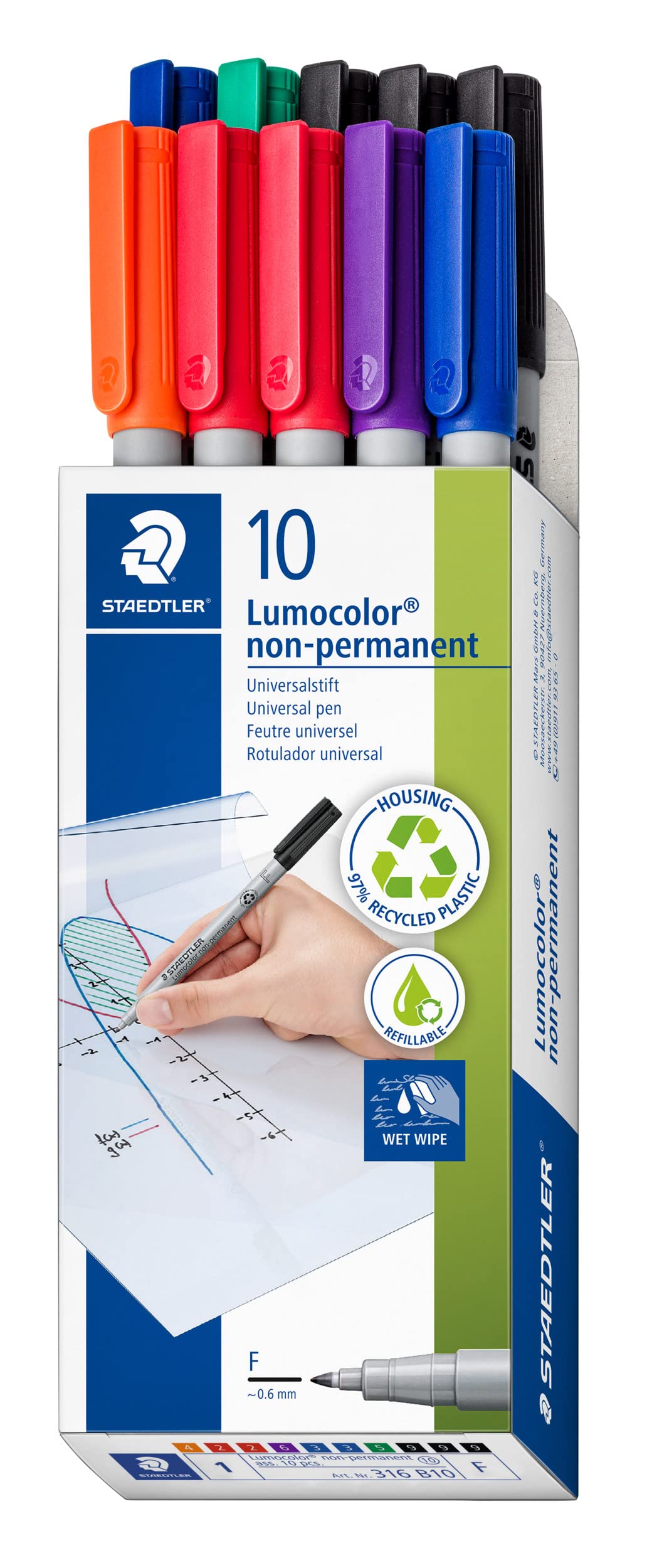 STAEDTLER 316 B10 Lumocolor Non-Permanent Pen, Fine Line Width, 0.6mm - Assorted Colours (Pack of 10)