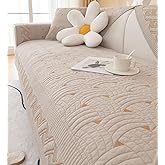 vctops Solid Color Cotton Quilted Sofa Couch Cover Weave Pattern Soft Sectional Couch Covers Embroidery Non-Slip Sofa Slipcover for Dogs, Children, Pets Furniture Protector (Khaki,28"x70")
