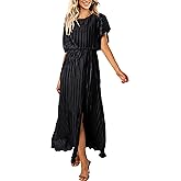 ECOWISH Women Maxi Dresses Cocktail Party Wedding Guest Formal Pleated Long Dress Short Sleeve Slit Empire Waist Evening Gown