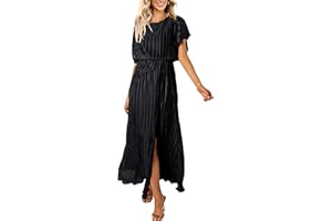ECOWISH Summer Maxi Dress Women Cocktail Formal Wedding Guest Long Short Sleeve Pleated Dresses Empire Waist Crew Neck Slit