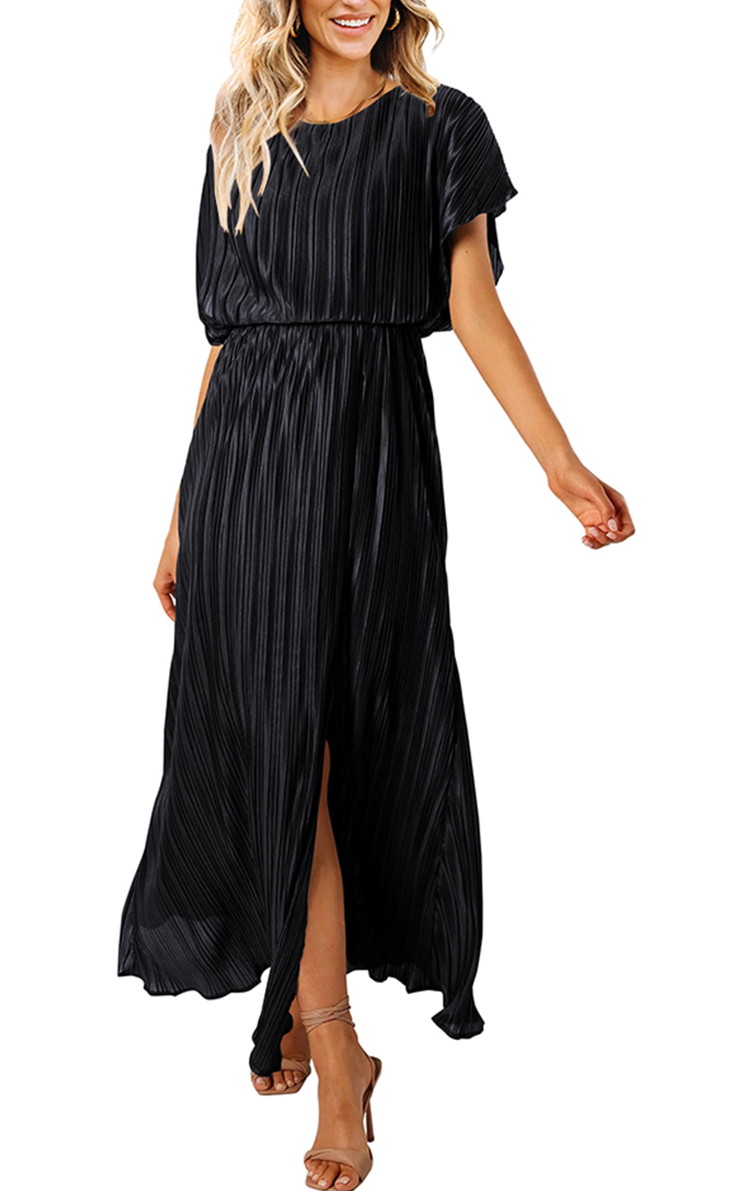 Photo 1 of ECOWISH Summer Maxi Dress Women Cocktail Formal Wedding Guest Long Short Sleeve Pleated Dresses Empire Waist Crew Neck Slit Black Medium