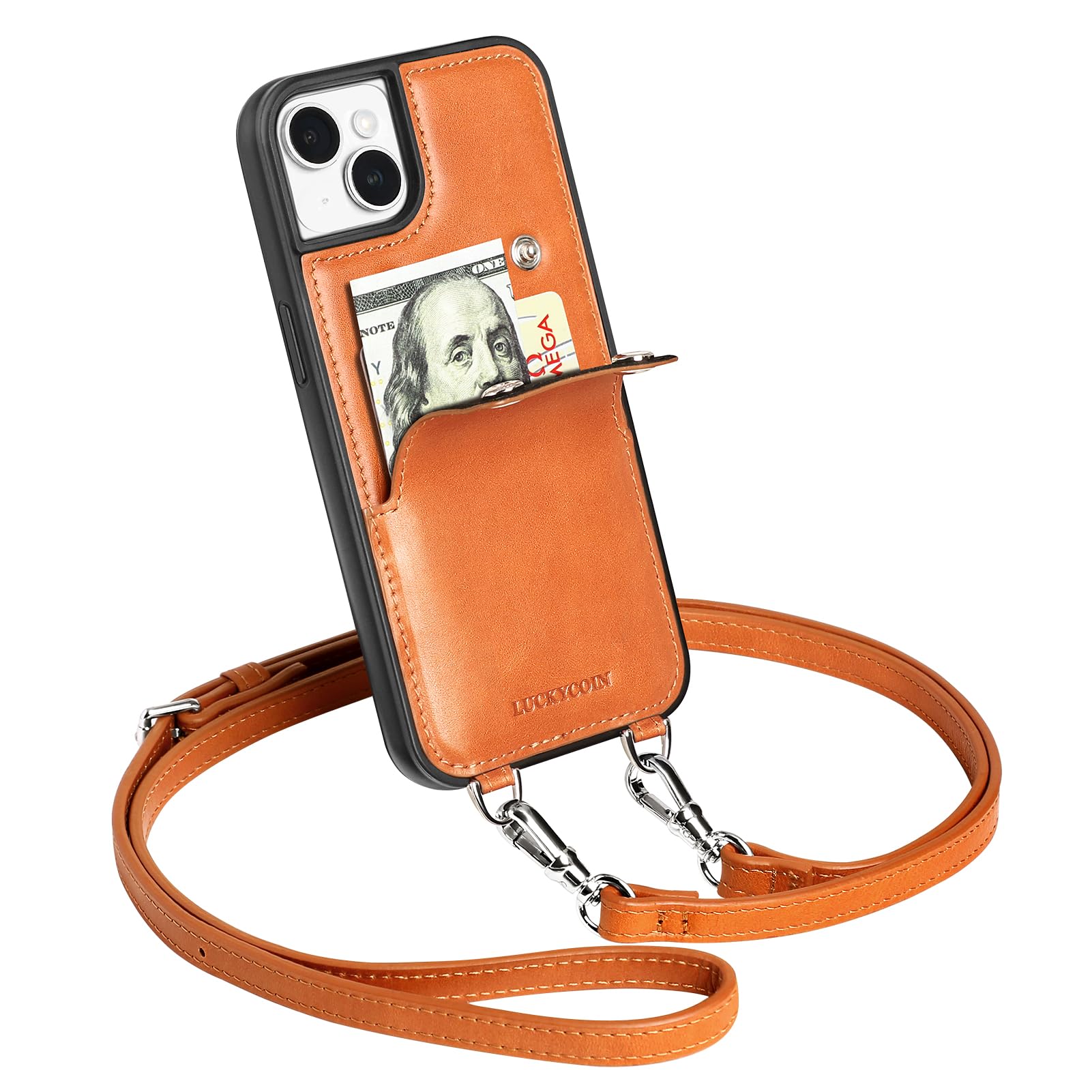 LUCKYCOIN Crossbody Wallet Phone Case for iPhone 14 Plus,100% Genuine Leather Phone Purse Case for Women,with Expandable Card Holder,with Adjustable & Removable Strap Retro Brown