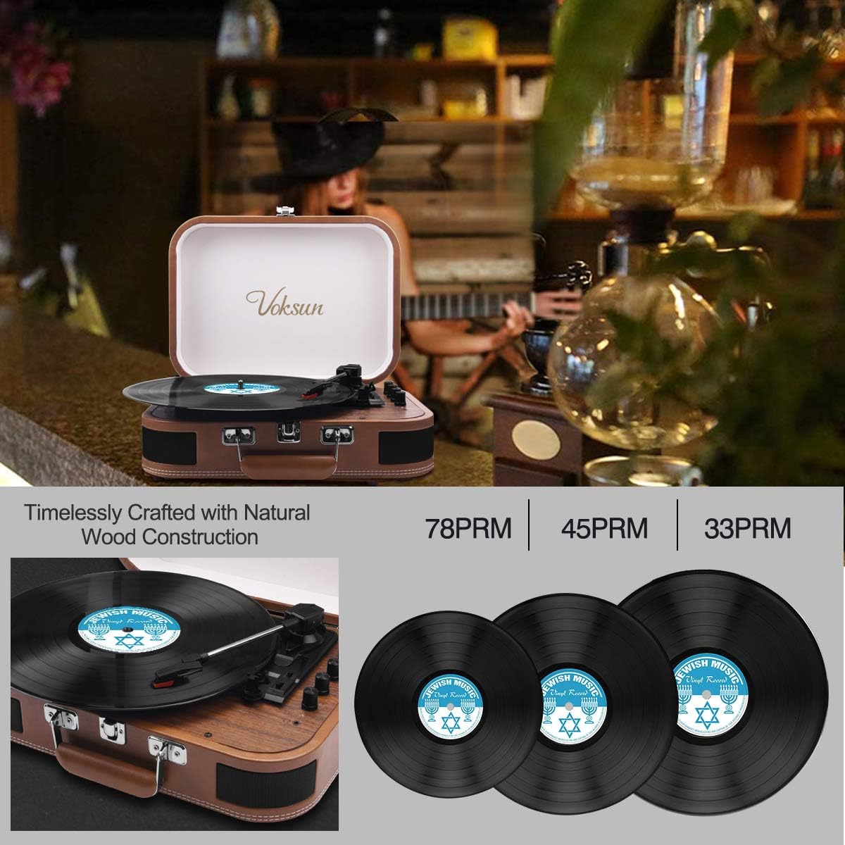 Giradischi Portatile Valigia 3 Velocità Bluetooth - Audio Stereo, Pelle PU Vintage (Blu) - 6