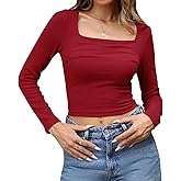 Balimtoy Women's Square Neck Long Sleeve Going Out Tops Ribbed Knit Ruched Slim Fitted Cropped Shirts Trendy Fall Outfits