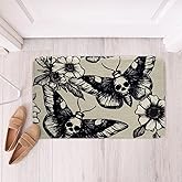 Erosebridal Skull Doormats,Gothic Moth Print Plush Bath Mat Non Slip Machine Washable,Sugar Skull Fleece Bath Rugs Water Absorbent Gray White Black Botanical Floral Bathroom Rugs Porch Mat, 16