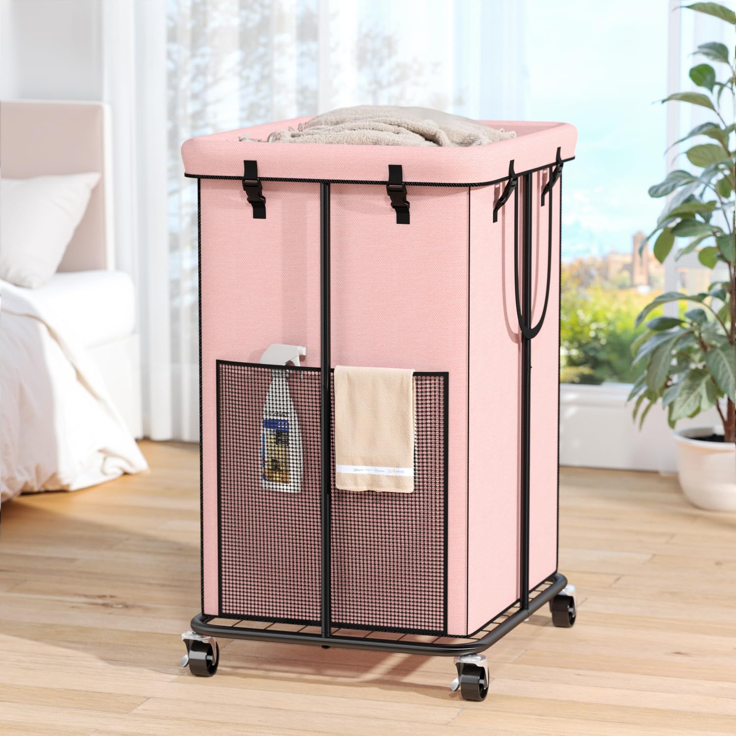 Photo 1 of 150L Laundry Hamper with Wheels, Rolling Laundry Basket with Metal Frame and Removable Bag, Large & Tall Dirty Clothes Hampers for Bedroom Aesthetic, Laundry Room, Bathroom, Dorm-Pink
