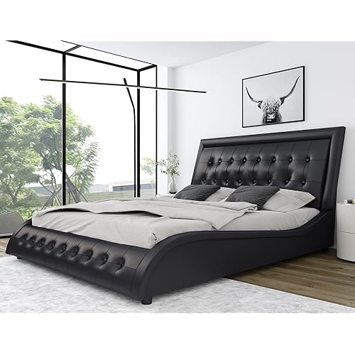 SHA CERLIN Queen Size Deluxe Upholstered Platform Bed Frame with Headboard, Square Stitched Button Tufted Mattress Foundation, Wave-Like Shap Bed with Wood Slat Support, No Box Spring Needed, Black