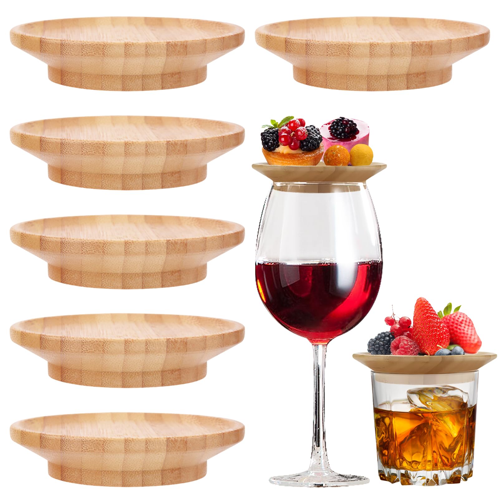 Quixion 6PCS Wine Glass Charcuterie Topper, Wine Glass Toppers, Bamboo Charcuterie Topper, Appetizer Plate, Wooden Drink Cup Covers for Appetizers Desserts Home, Restaurants and Parties