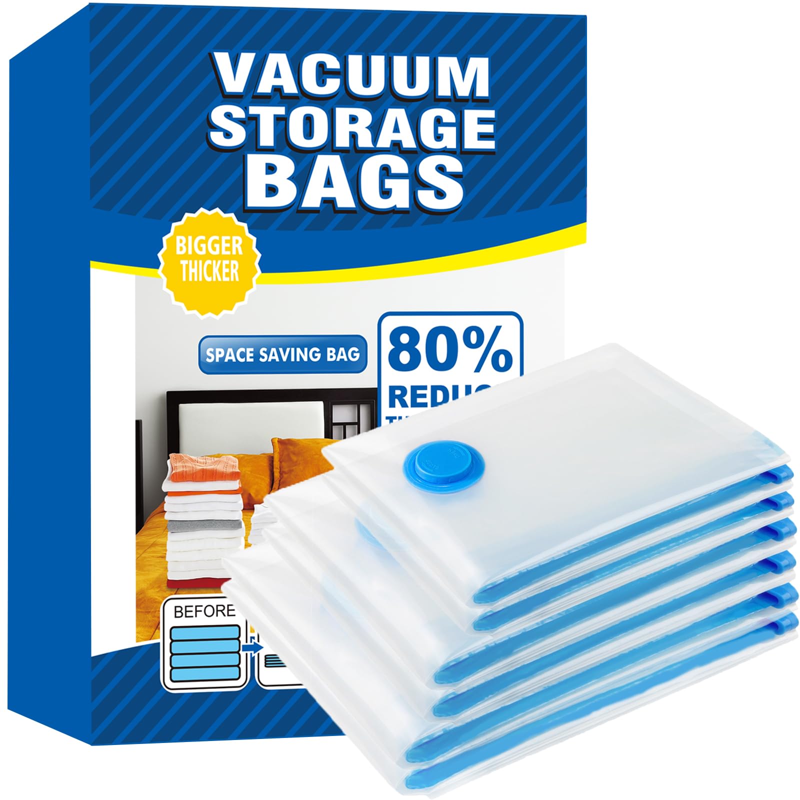 Vacuum Storage Bags - 6 Pack Reusable Strong Space Saver Compression Bags - Vacuum Pack Bags Double Zip Seal Travel Vacuum Storage Bags for Clothes Duvets Quilts Bedding Pillows(2Jumbo+2Large+2Medium)