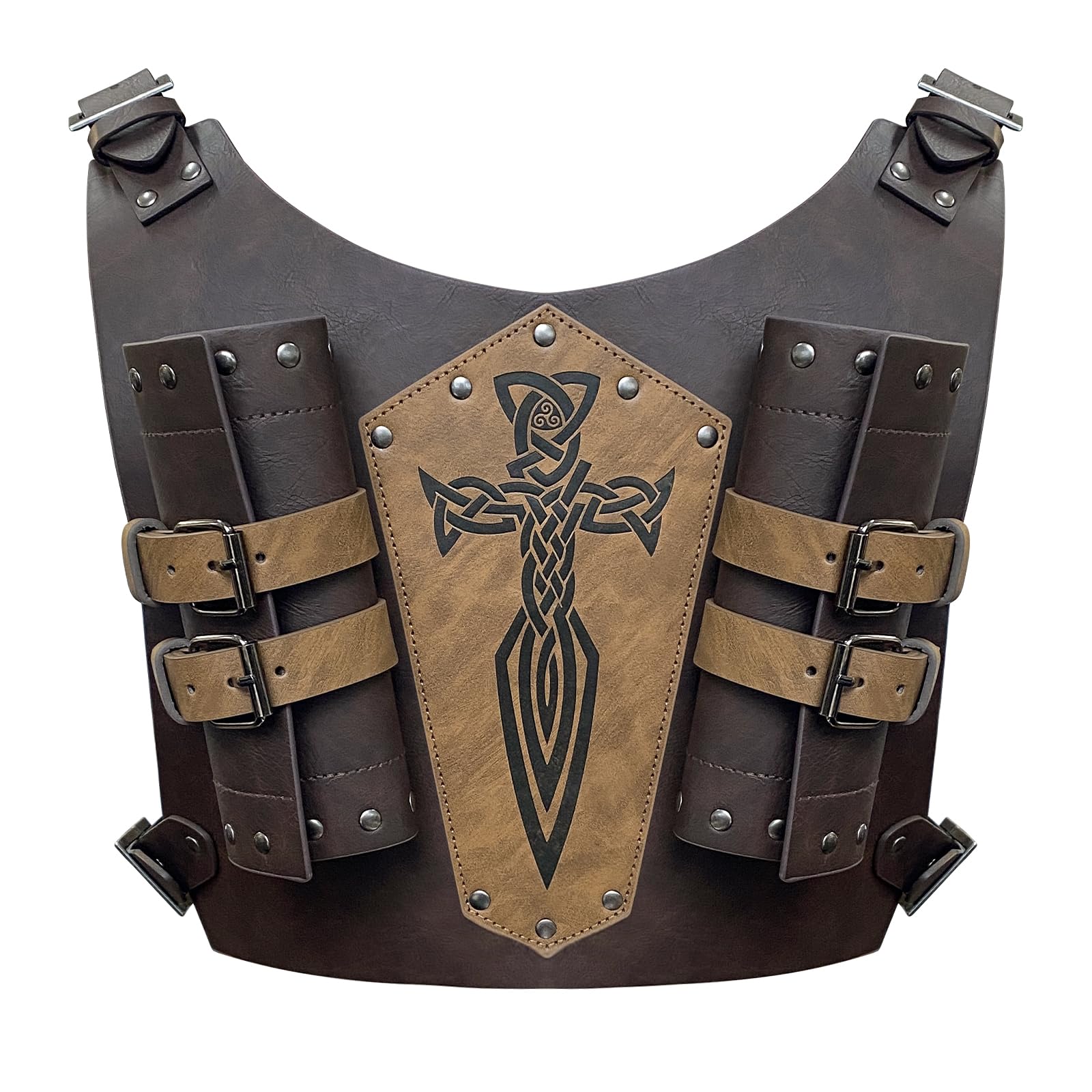 HiiFeuer Medieval Faux Leather Embossed Double Back Sword Frog, Adjustable Renaissance Knight Mercenary Sword Holster (Brown A)