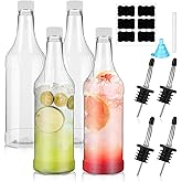 Dandat 32 oz Plastic Long Neck Bottles with Pourer and Caps Plastic Juice Pour Bottles with Stainless Steel Pourer Tapered Spout for Liquor Juice(Silver,8 Pcs)
