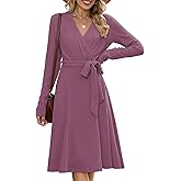 ZAFUL Women's 2025 Casual V Neck Long Sleeve Sweater Dress Wrap Ribbed Knit Pleated Midi Dresses with Belt