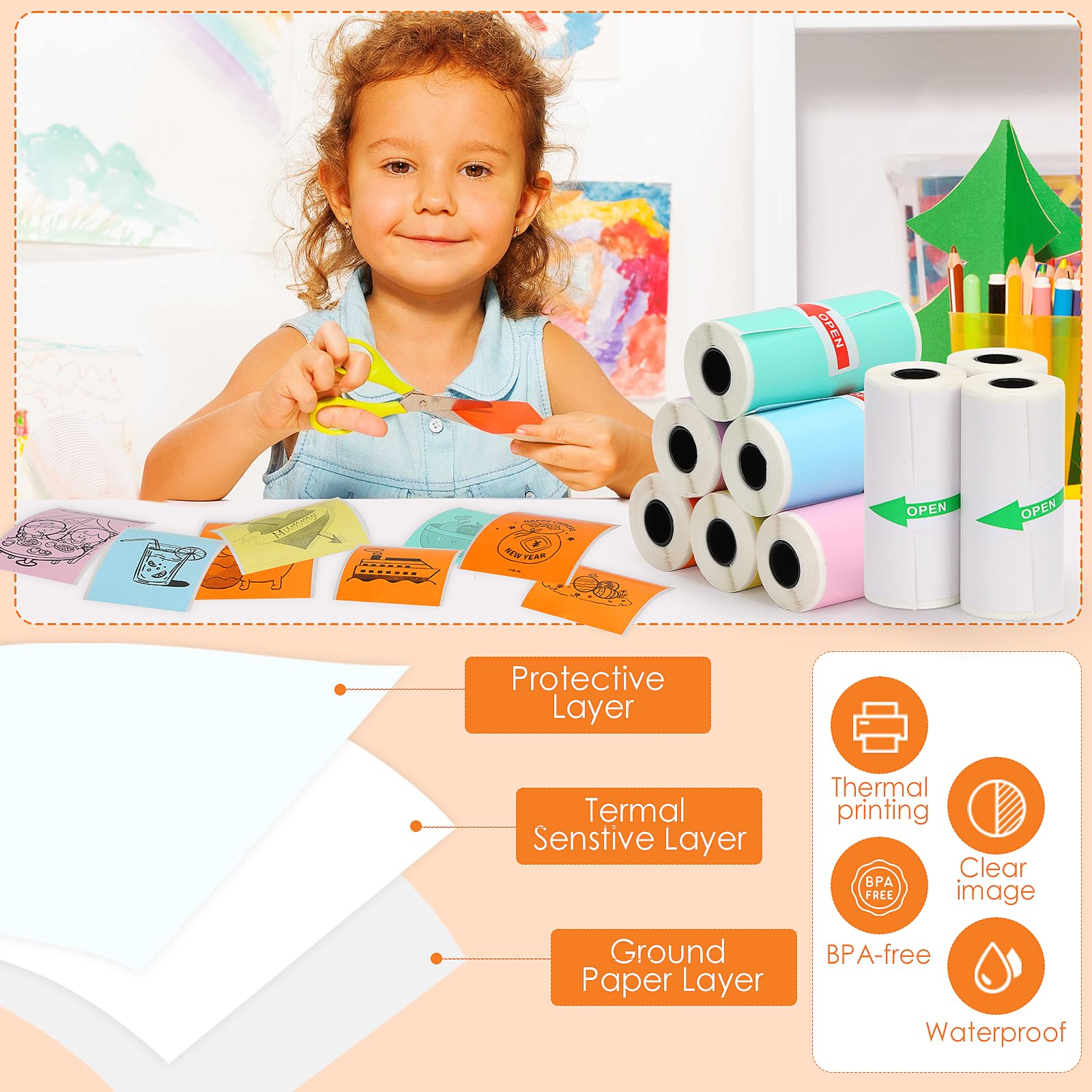 HuiJuKeJi 9 Rolls Mini Printer Sticker Paper,Thermal Self-Adhesive Paper 57 * 25mm,3 Rolls of White &6 Rolls of Colour Paper for Pocket Inkless Portable Bluetooth Printer to Print Photo,Note