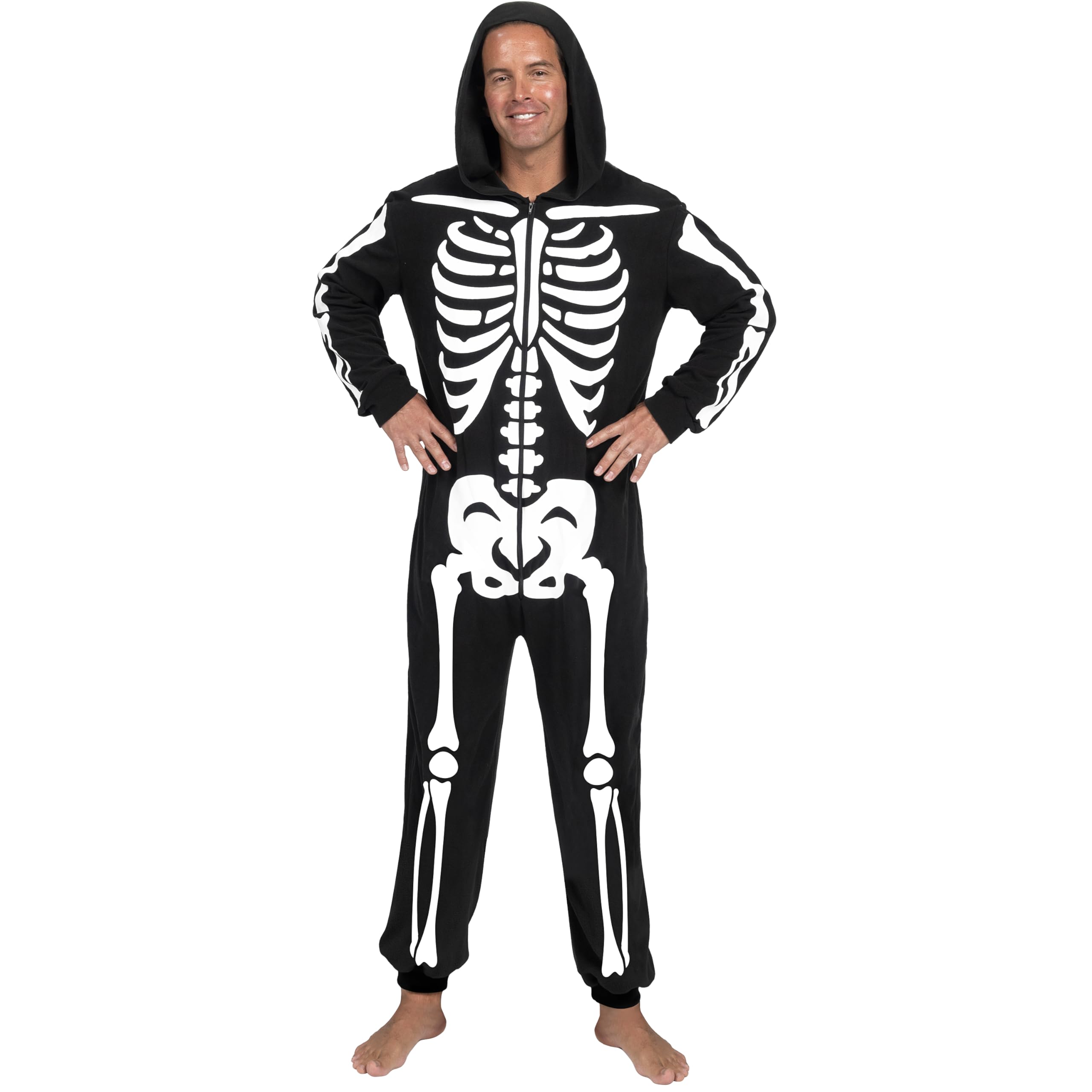 Spooktacular Creations Adult Skeleton Costumes for Men Skeleton jumpsuit jumpsuit Zip-Up Hooded Jumpsuit Halloween Cosplay Costume Sleepwear Homewear, S Black, Black, S