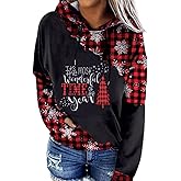 TAOHONG Merry Christmas Sweartshirt for Women Xmas Buffalo Plaid Tree Tops Color Block Snowflake Print Long Sleeve Shirt