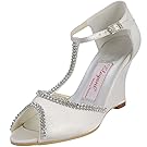 Elegantpark EP11086 Women's Wedges Peep Toe T-Strap High Heel Rhinestones Chains Satin Wedding Bridal Pumps Shoes Ivory US 10