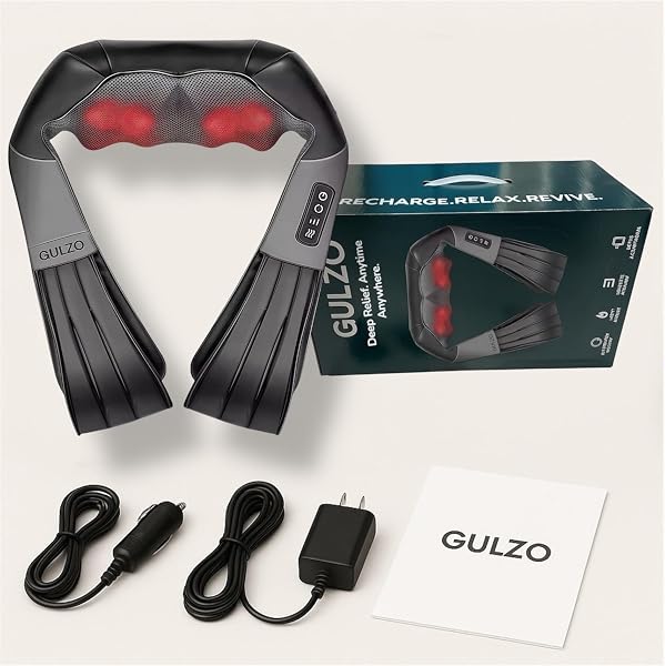 GULZO 4D SHIATSU NECK AND SHOULDER MASSAGER WITH HEAT, DEEP TISSUE BACK AND NECK MASSAGER FOR PAIN RELIEF, ECO-FRIENDLY PORTABLE MASSAGE PILLOW FOR HOME OFFICE CAR, RELAXING GIFT FOR MEN AND WOMEN