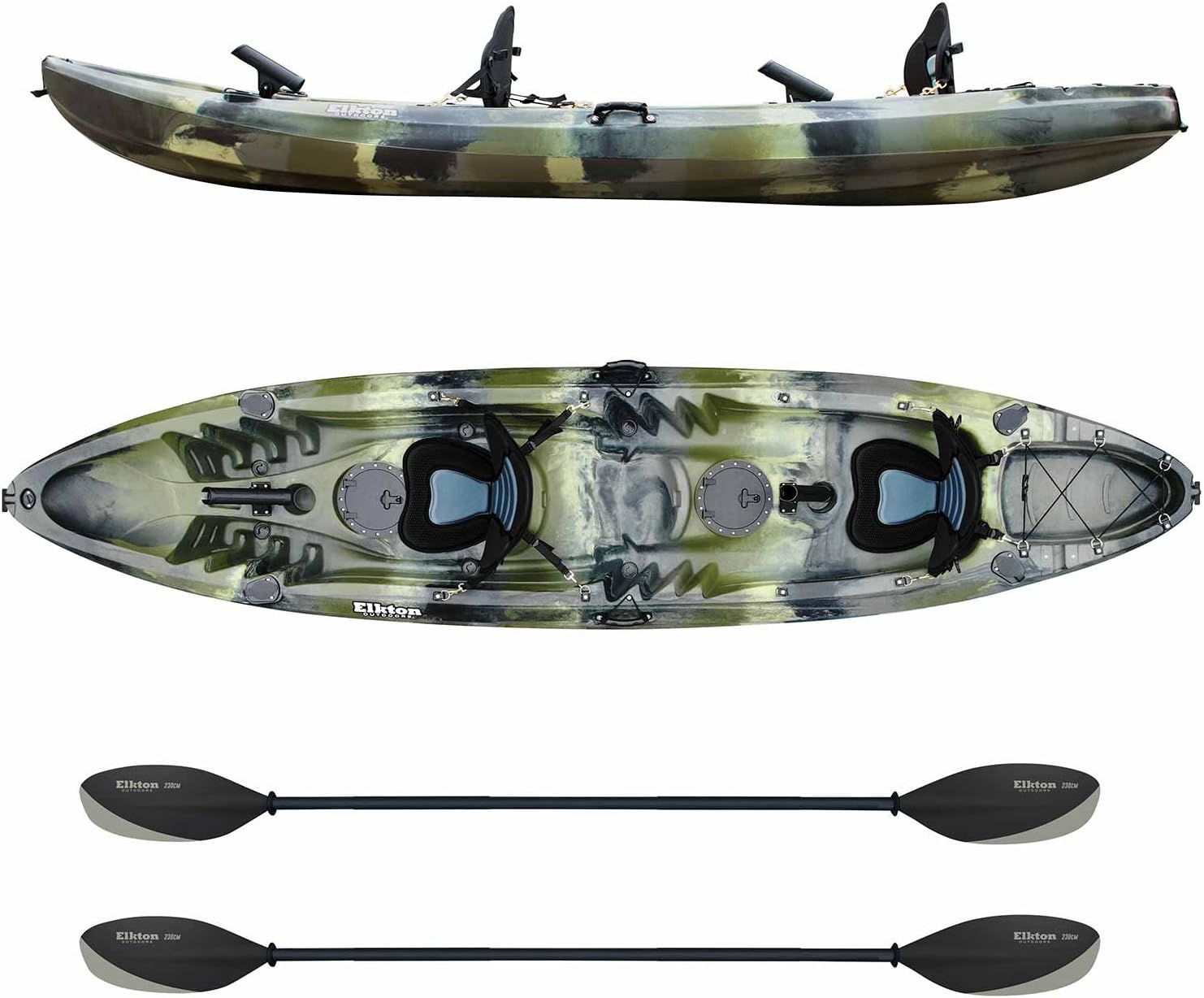 Elkton Outdoors Tandem Fishing Kayak, 12.2 Foot Sit On Top Fishing Kayak with EVA Padded Seats, Includes Aluminum Paddles, Rod Holders and Dry Storage Compartments