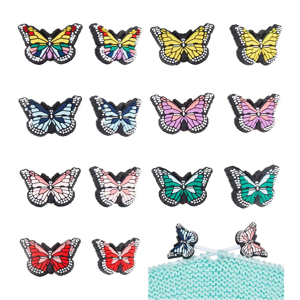 NBEADS 14 Pcs 7 Colors Knitting Needle Stoppers, Butterfly Silicone Needle Point Protectors for DIY Crafts