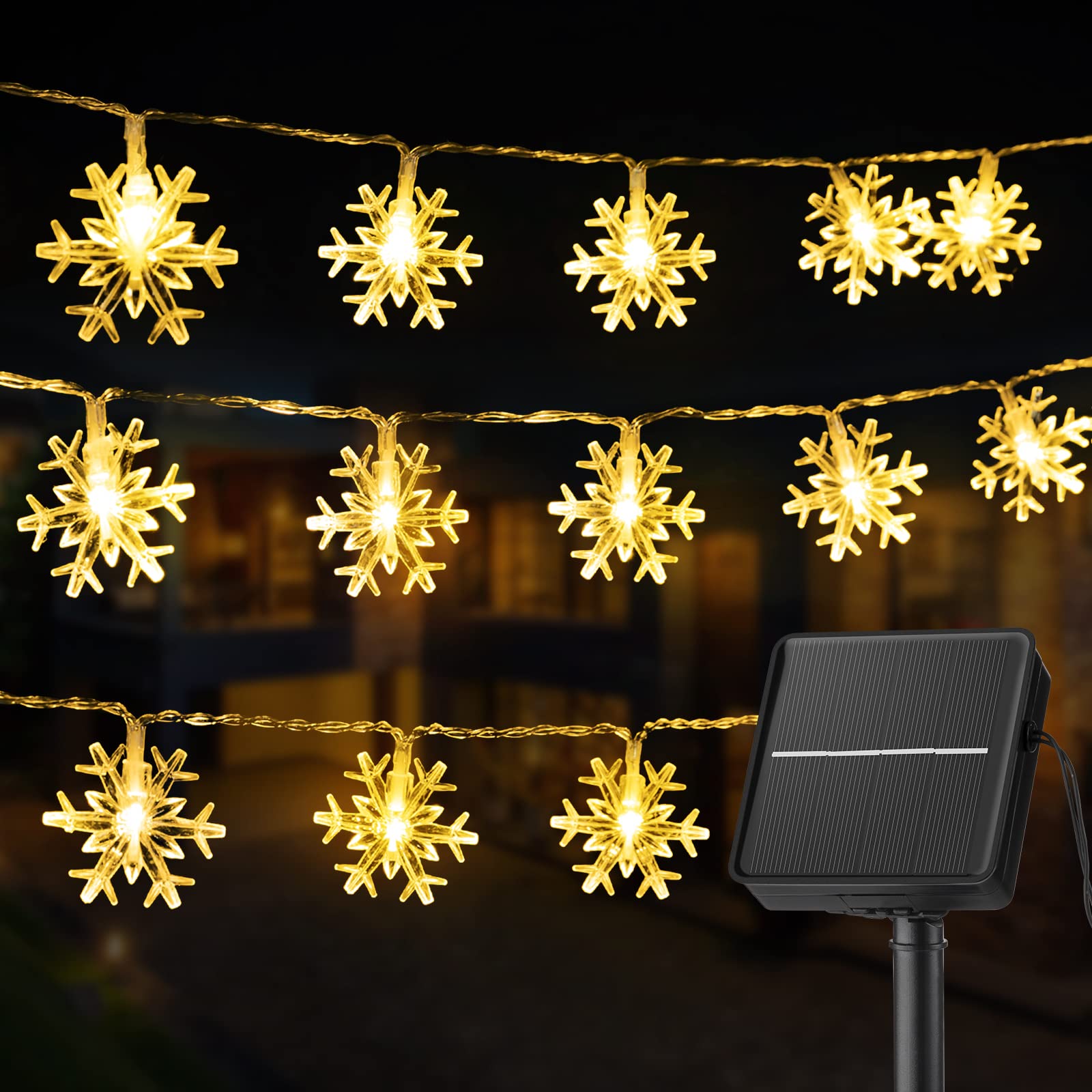 Photo 1 of Brightown Solar Christmas Snowflake String Lights 100 LED 39 FT Outdoor Waterproof Fairy Lights with 8 Lighting Modes for Wedding, Party, Tree, Room, Garden, Patio, Yard, Home, Warm White