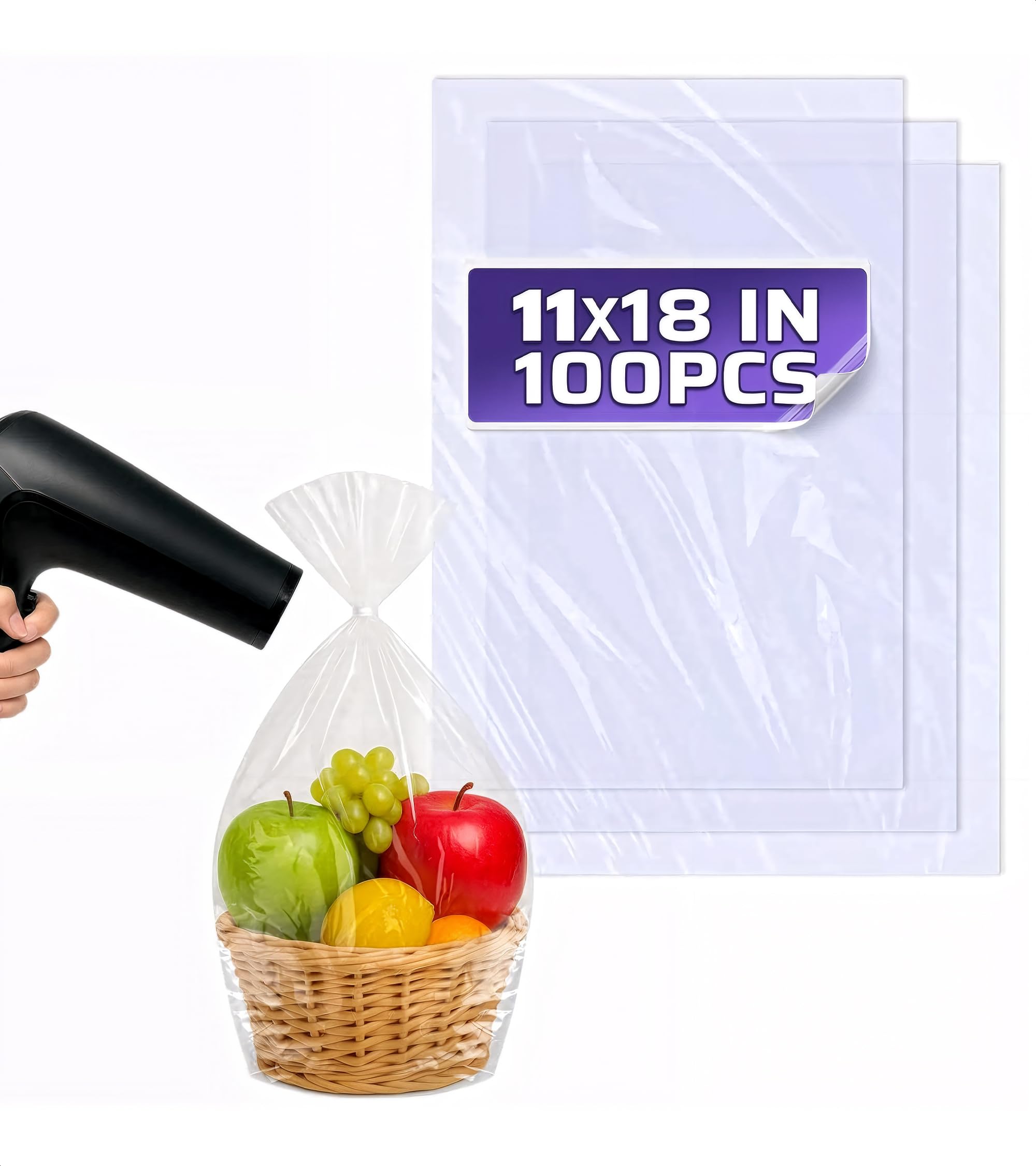 Photo 1 of 100Pcs Heat Shrink Wrap Bags – 11x18" Heat Shrink Bags Compatible with Hair Dryer at Medium Temperature – Easter Basket Packaging Suitable for Gifts, Treats, DIY Sets, Books, Stationery, and Cosmetics