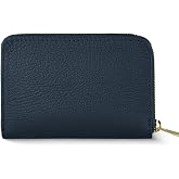 TAKEASY Women's Blue Calfskin Leather Small Rectangular French Wallet With Zip Closure And Coin Pocket
